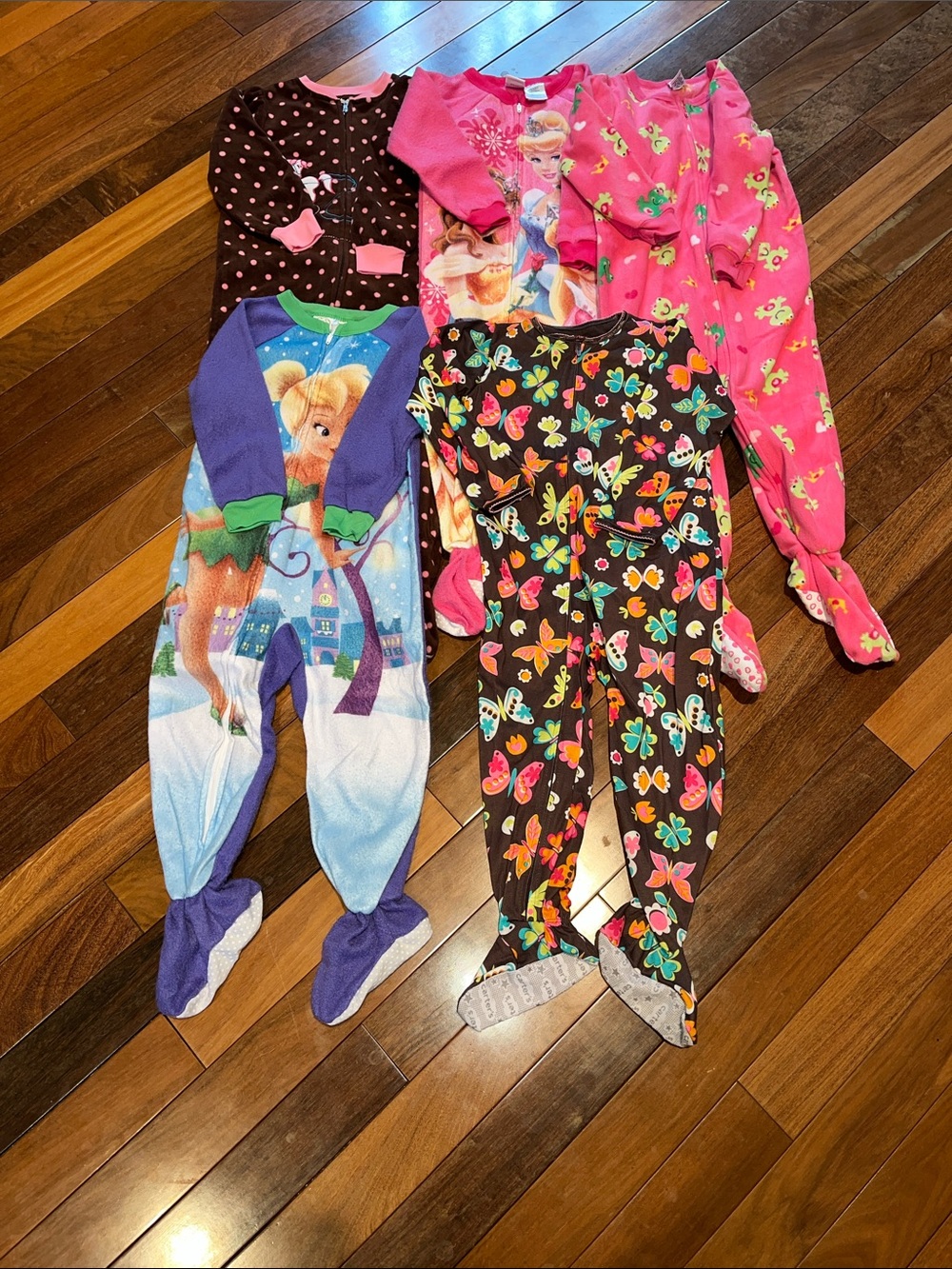 Disney Kids Pink, Purple, Black and Multicolor Character Footed Pajama Bundle